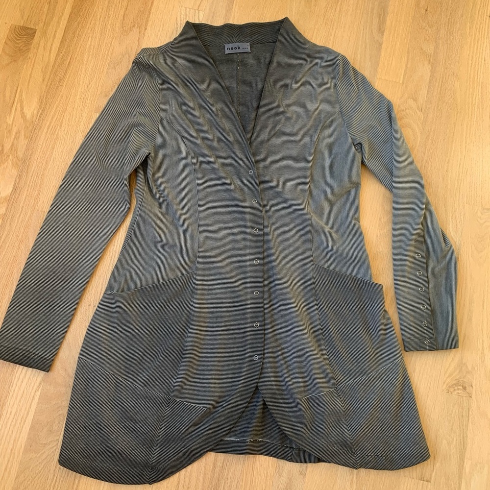 Nook… womens long cardigan Stripes cadette black gray sz Large L front pockets